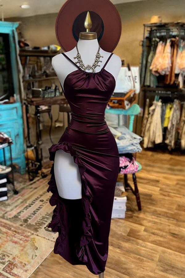 Pretty Slits Pretty Ruffled Slit Satin Dress – Tilame