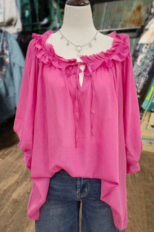 Solid Ruffle Neck Loose Top