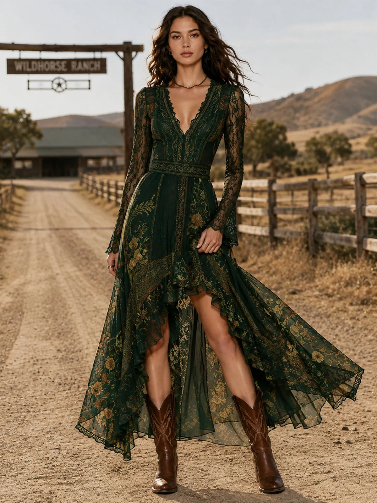 A sophisticated autumn Western Bohemian style choice — 2026 Forest Green Deep V-neck Lace Floral Pattern Maxi Dresses