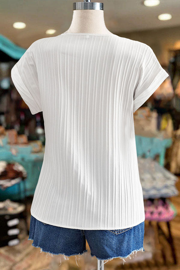 Simple Striped Fabric V-neck Bat Sleeve Shirt