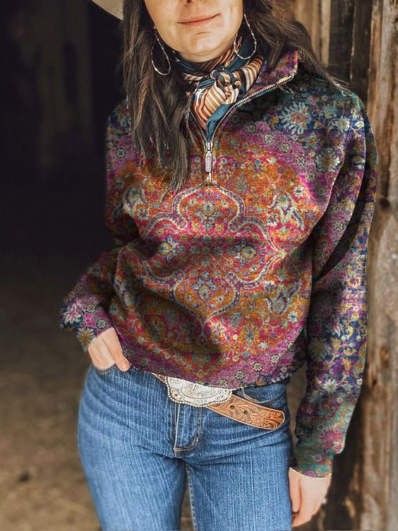 Women's Vintage Colorful Floral Print Zipper Collar Sweatshirt