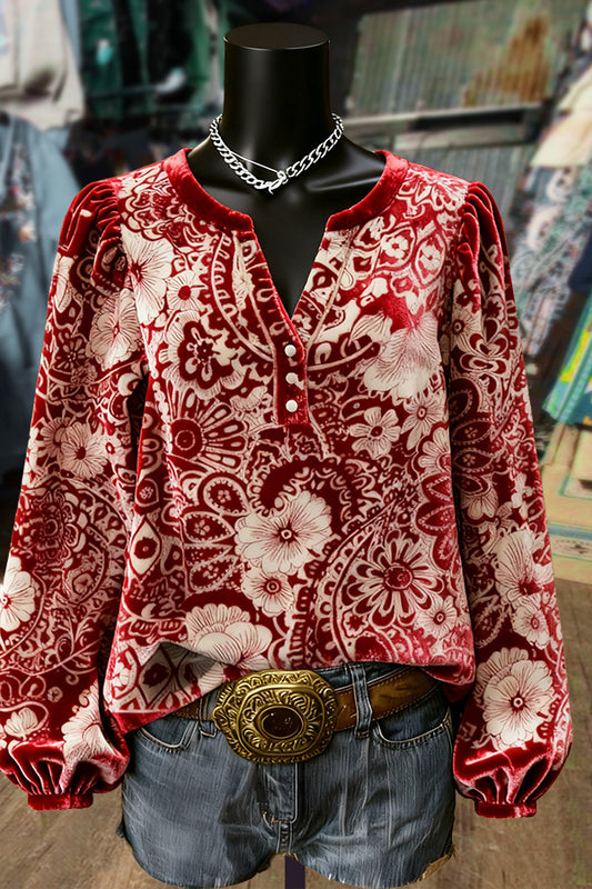 Vintage Floral Print Split Neck Velvet Top
