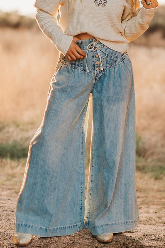 Pleated Washed Wide-Leg Jeans