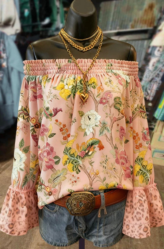 Sweet Floral Print Flared Sleeves Off Shoulder Top