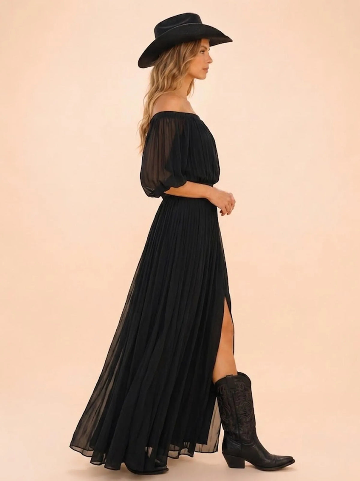 Perfect for Country Music Festivals — Black Off-the-Shoulder Pleated Chiffon Western Maxi Dress