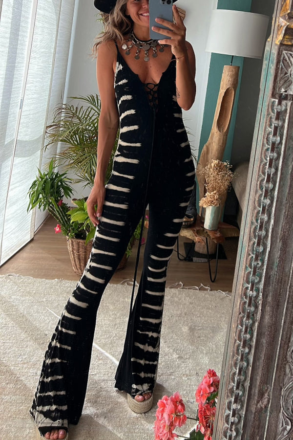 Cella Tie-dye Print Front Lace-up Stretch Flare Jumpsuit