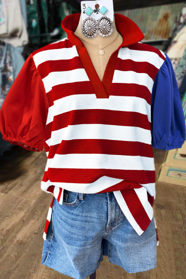 Colorful Striped Collared Puff Sleeve Top