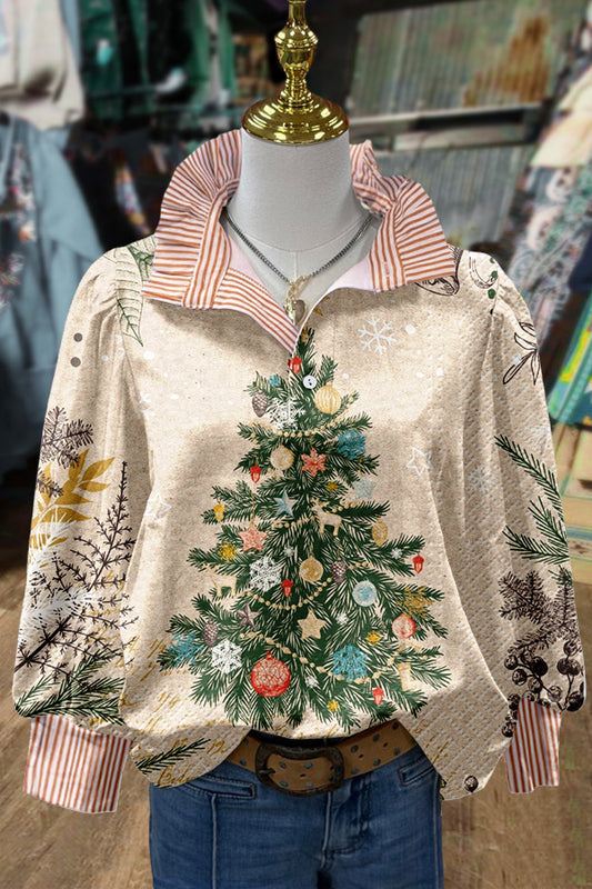 Chic Christmas Tree Print Striped Long Sleeve Top