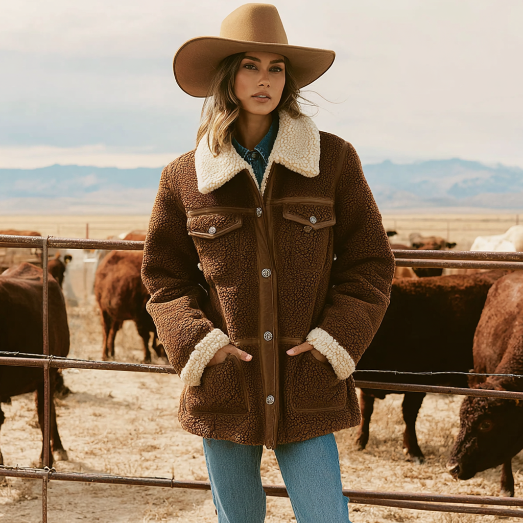 Women's Vintage Rustic Elegance: Brown Sherpa Jacket With Cream Trim