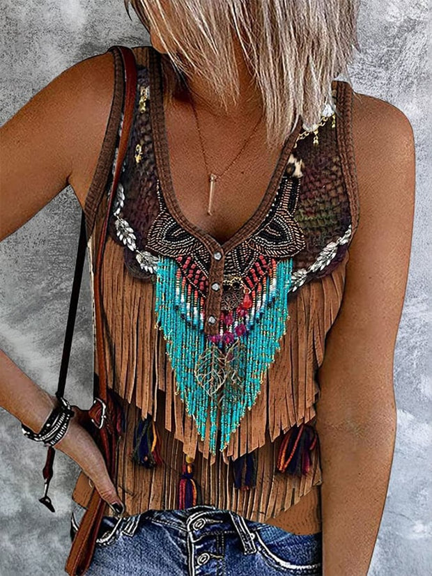 Women's Western Fringed Print Button Down Casual Vest