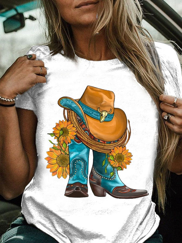 Women's Western Hat And Cowboy Boots With Sunflowers Print T-Shirt
