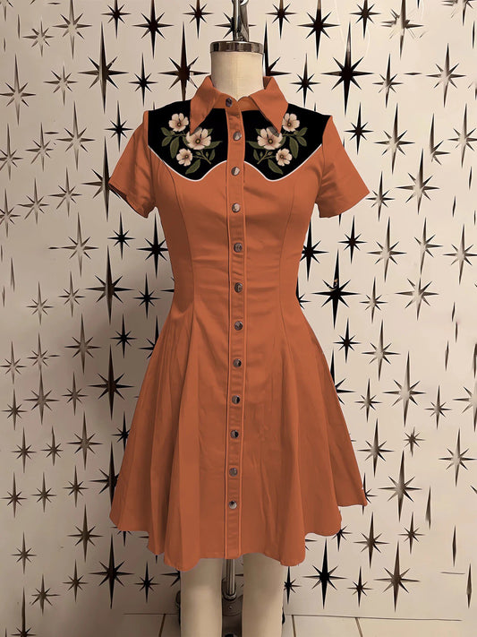 Western Retro Floral Shirt Dress