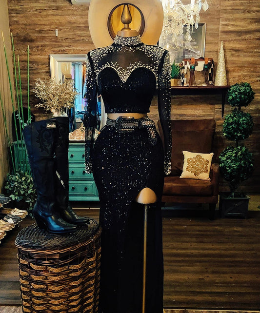 Round Neck Mesh Sequined Long Sleeve Dress Two Piece Set