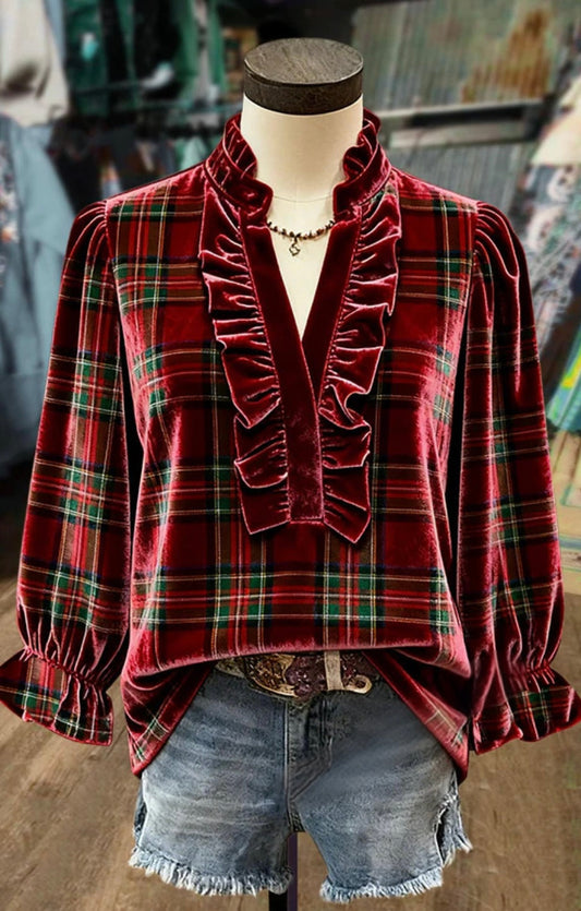 Classic Plaid Ruffle Neck Three Quater Sleeve Velvet Top