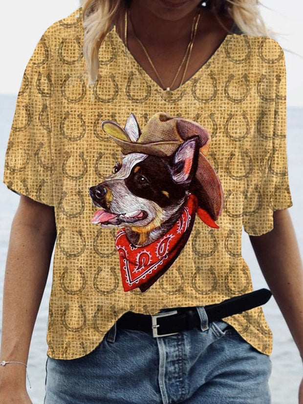 Women's Vintage Western Cowboy Dog Print V-Neck T-Shirt