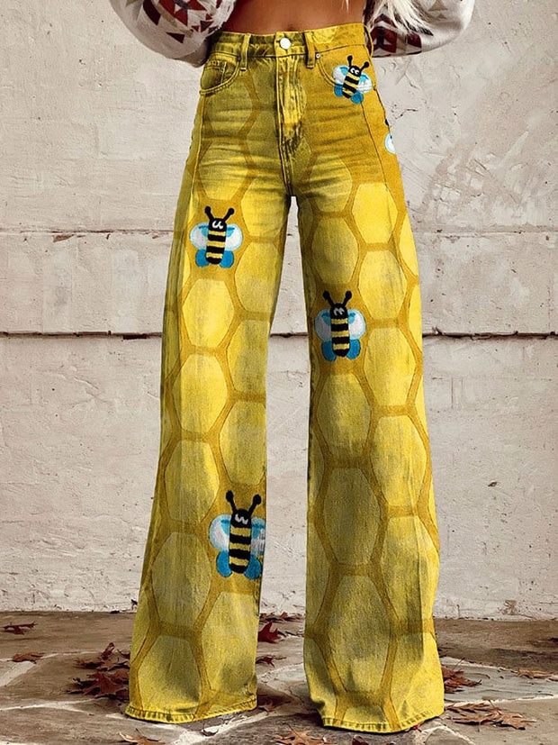 Women's Bee Print Casual Wide Leg Pants