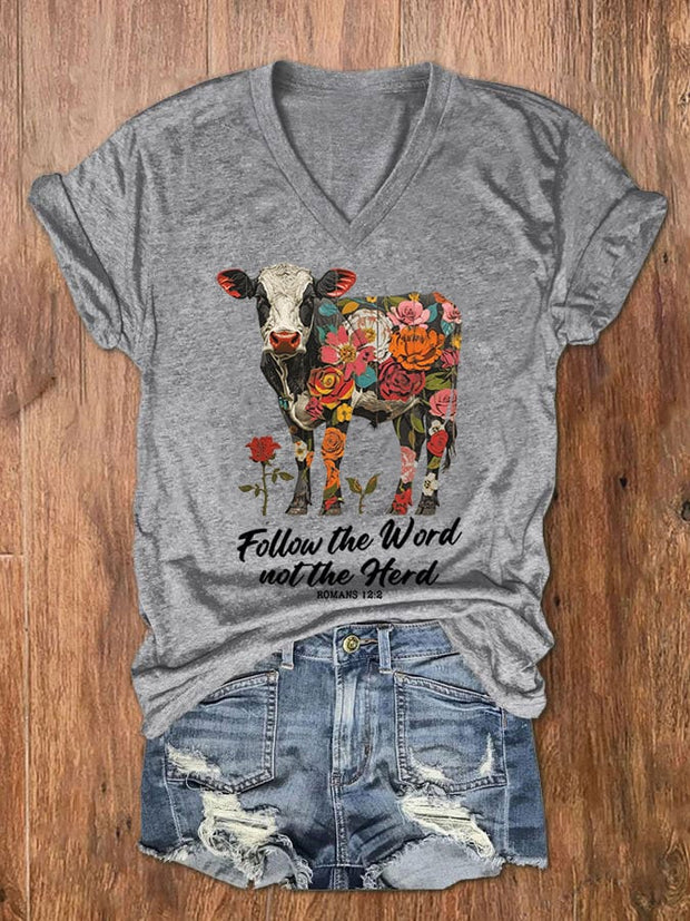 Women's Follow The Word Not The Herd Printed V-Neck T-Shirt