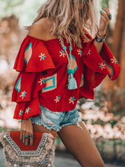Red Floral-Print Off Shoulder Long Sleeve Shirts & Tops