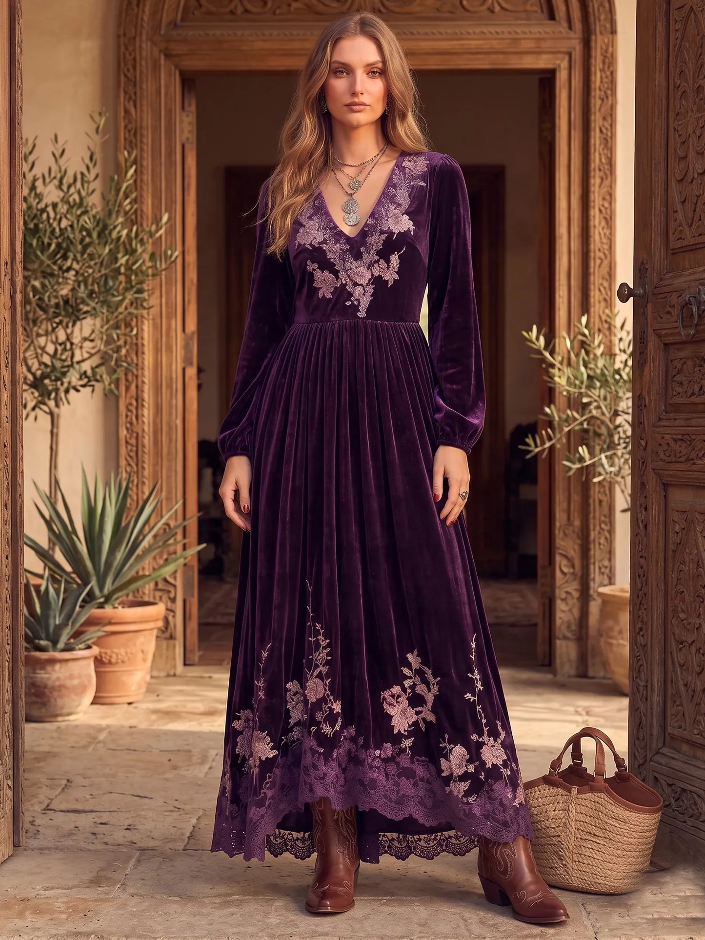 Purple Velvet Floral Embroidery Lace Hem Plunge V-Neck Bishop Sleeve Maxi Dress