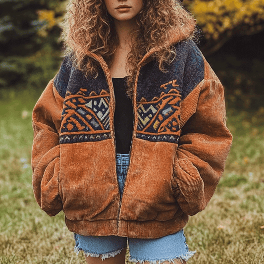 Women's Vintage Ethnic Patchwork Corduroy Hooded Jacket