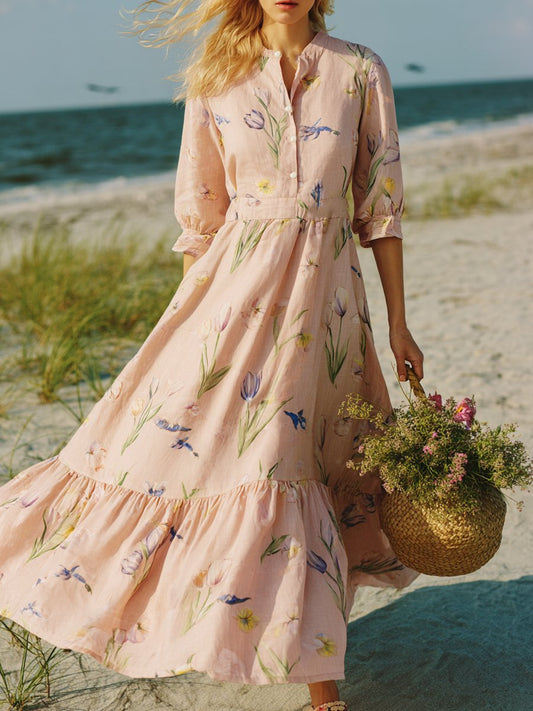 Women's Fashion Floral Print Cotton Linen Dress
