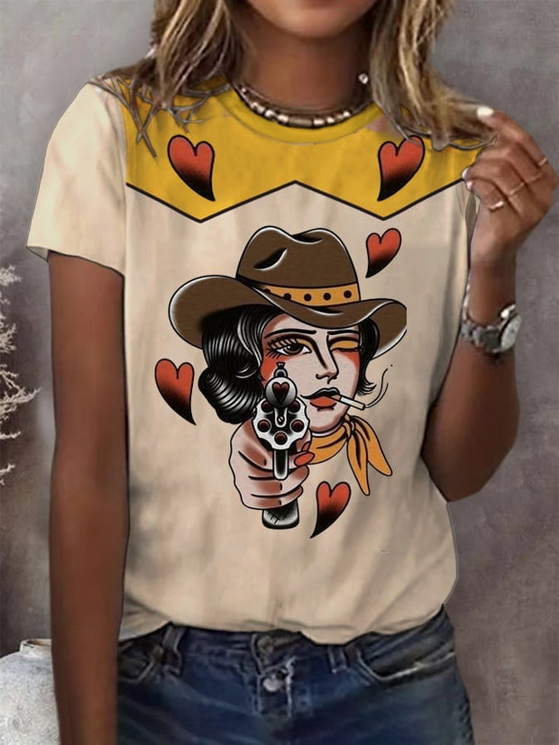Women's Retro Western Print Casual T-Shirt