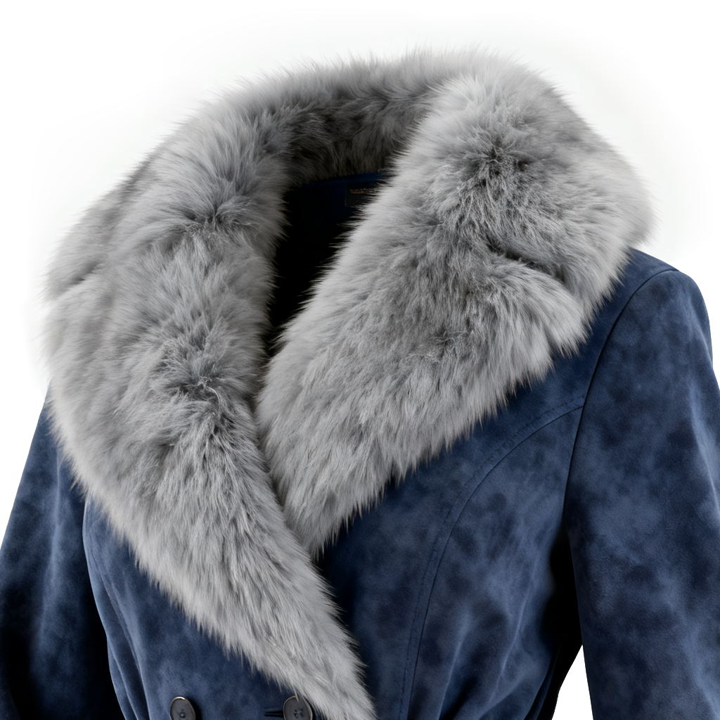 Women's Elegant Double-breasted Blue Suede Coat With Fur Collar