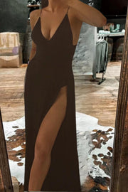 Black V-neck Deep Slit Sexy Dress