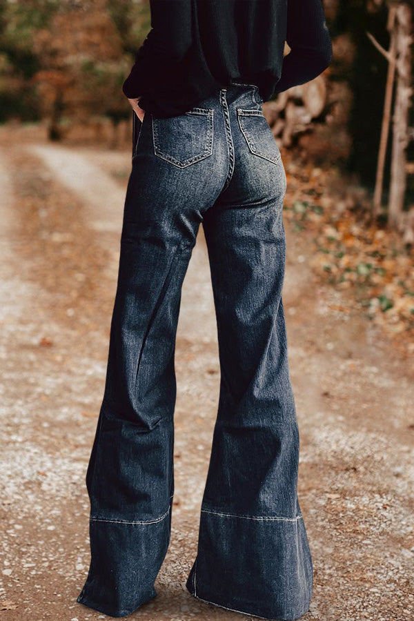 Vintage Washed Pocket Wide Leg Jeans