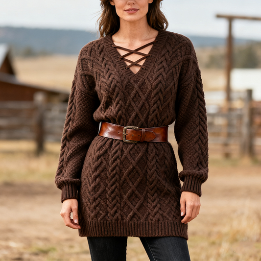 Women's Vintage Cozy Brown Cable Knit Sweater Dress With Crisscross Detail