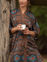 Brown Aztec Vintage Cowgirl Long Sleeve Belted Satin Robe