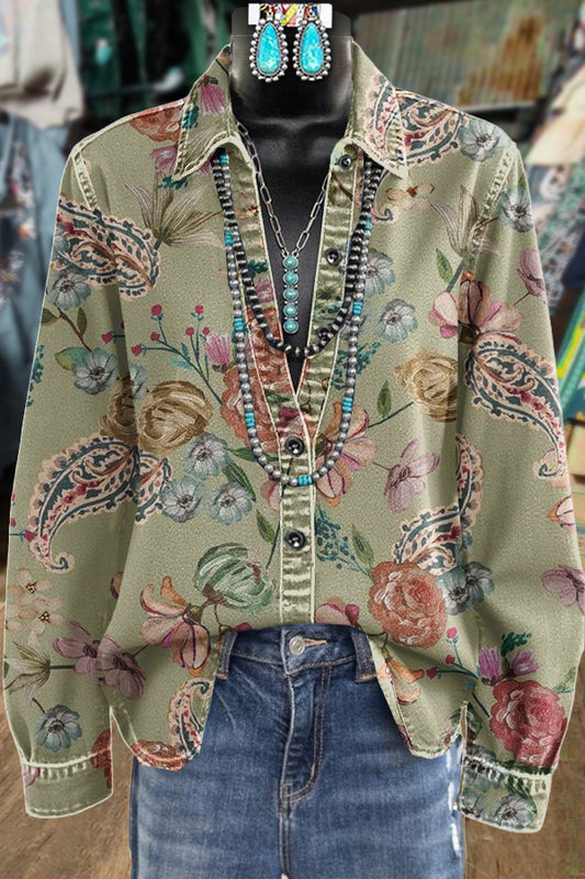 Paisley Floral Print Collared Long Sleeve Top