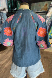 Floral Embroidered V-Neck Gauze Top