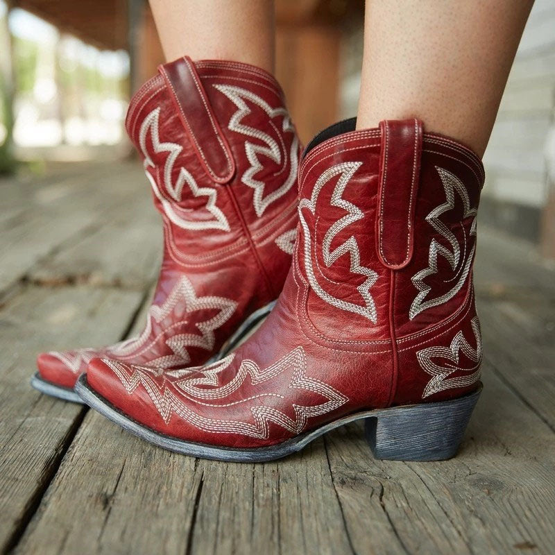 Embroidered Floral Chunky Heel Martin Boots