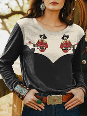 Women's Retro Western Skull Cowboy Playing Guitar Print Casual Long-Sleeve T-Shirt