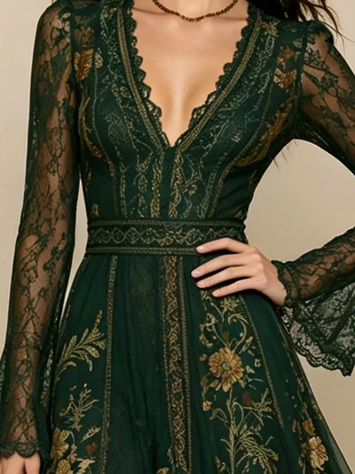A sophisticated autumn Western Bohemian style choice — 2026 Forest Green Deep V-neck Lace Floral Pattern Maxi Dresses
