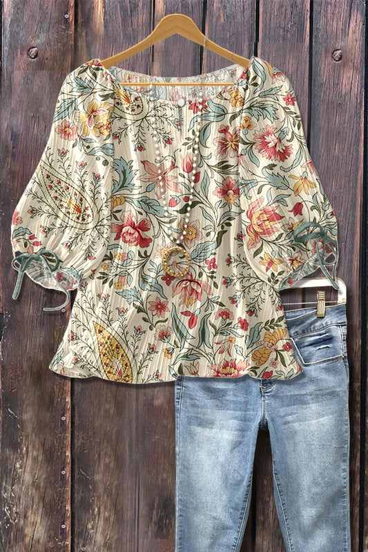 Mixed Floral Print Tied Lantern Sleeve Top