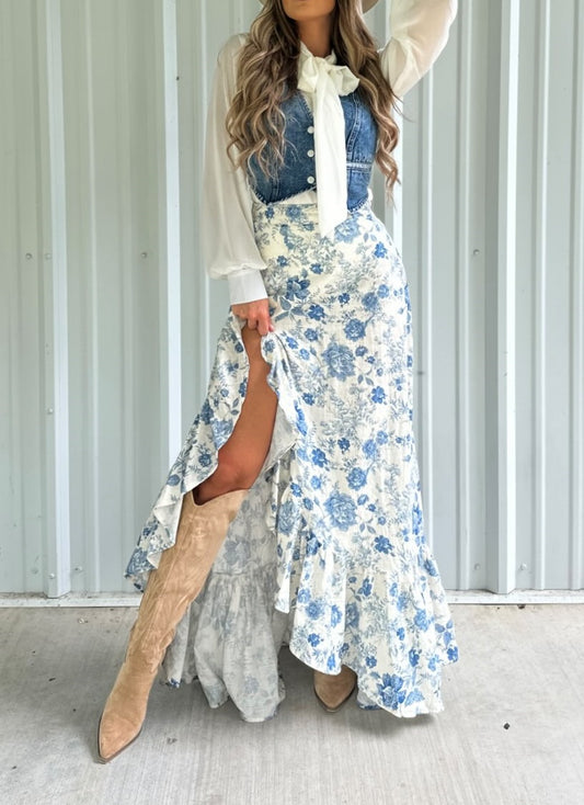 Floral Print Irregular Ruffled Maxi Skirt