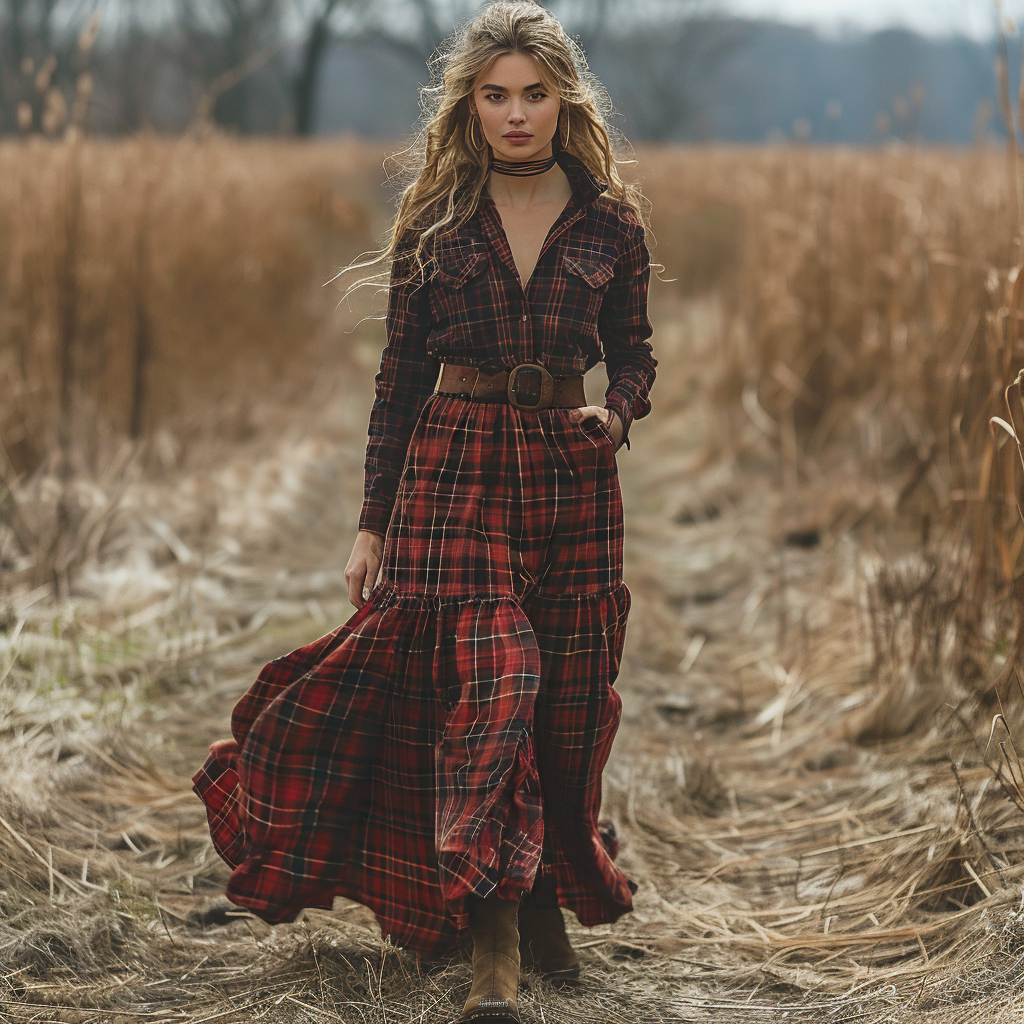 Retro V-neck Plaid Women's Long-sleeved Long Skirt Country Pastoral Retro Dress