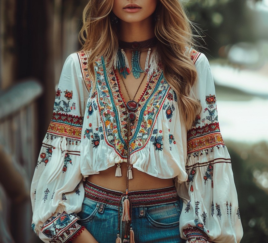 Women's Bohemian Floral Print Contrasting Long Sleeve Shirt