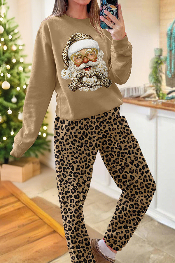Christmas Santa Claus Leopard Print Top and Pants Two-Piece Set