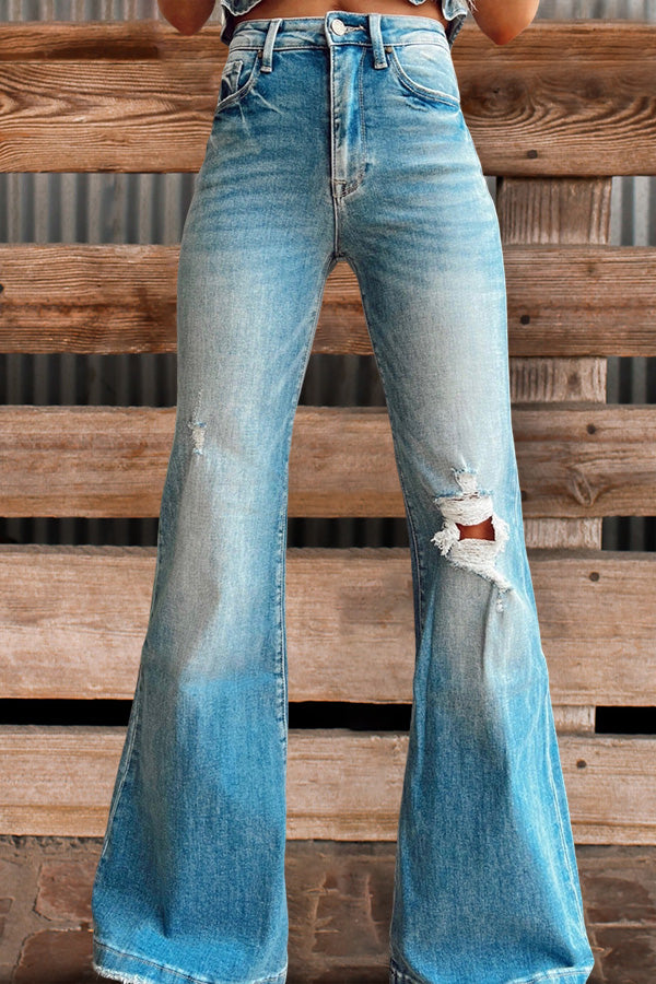 Vintage Washed Ripped Flared Jeans