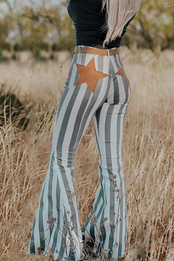 Pretty Star Print Striped Flared Jeans