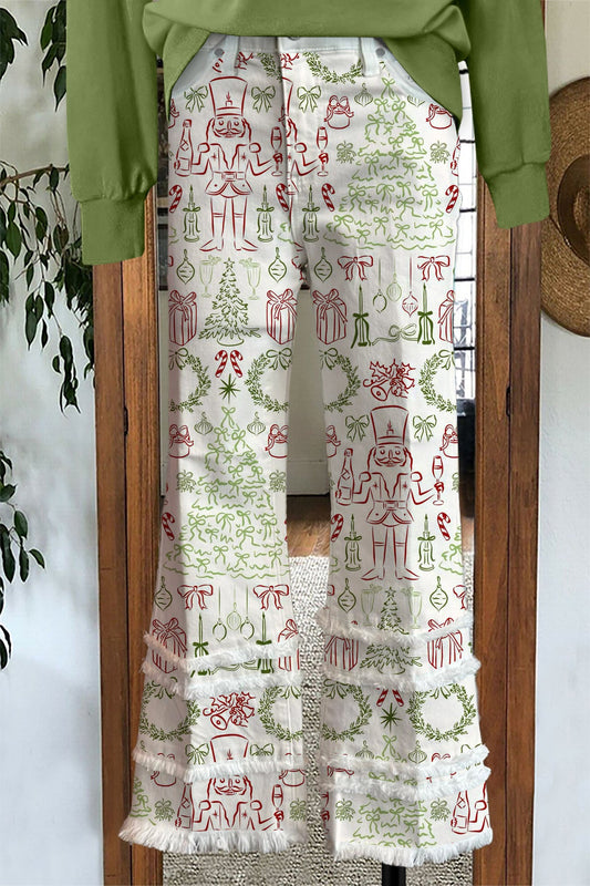 Cute Christmas Tree Raw Hem Pants