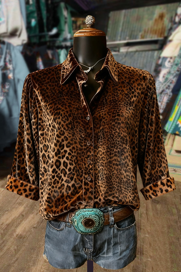 Leopard Print Collared Three Quater Sleeve Velvet Top