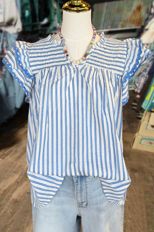 Striped Ric Rac Trim Flutter Sleeve Top