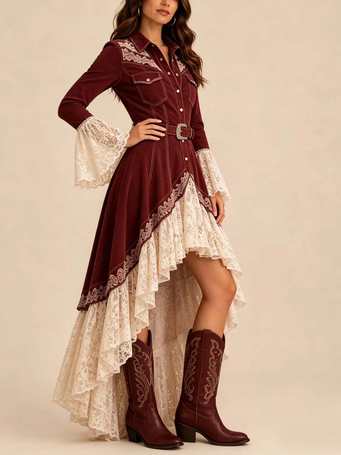 Claret Lace Patchwork Collared Button-Down Belted Bell Sleeve High-Low Tiered Ruffle Western Maxi Dress