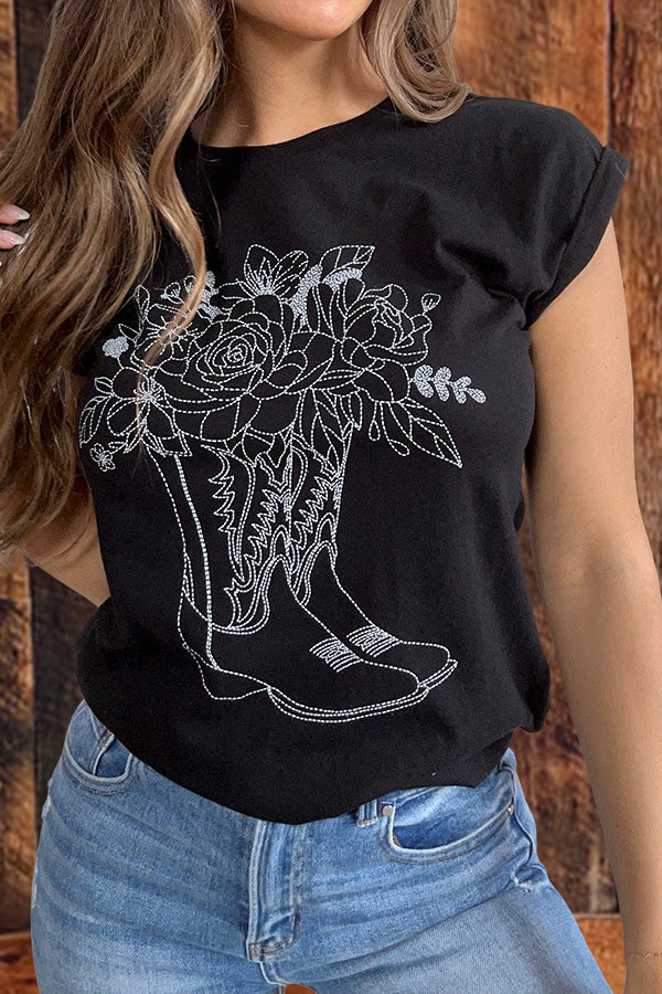 Western Embroidery Printed Graphic T-Shirt