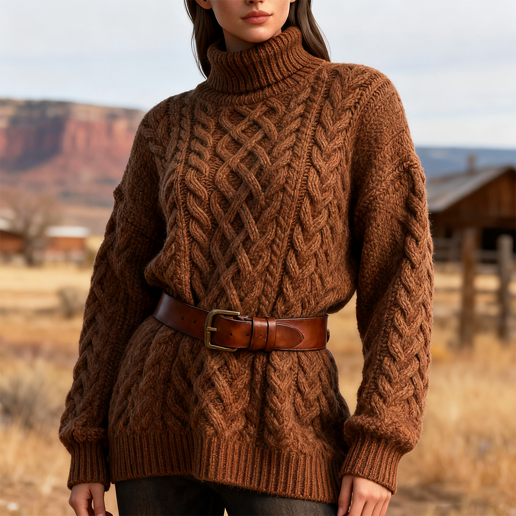 Women's Vintage Cozy Brown Cable Knit Sweater With Leather Belt