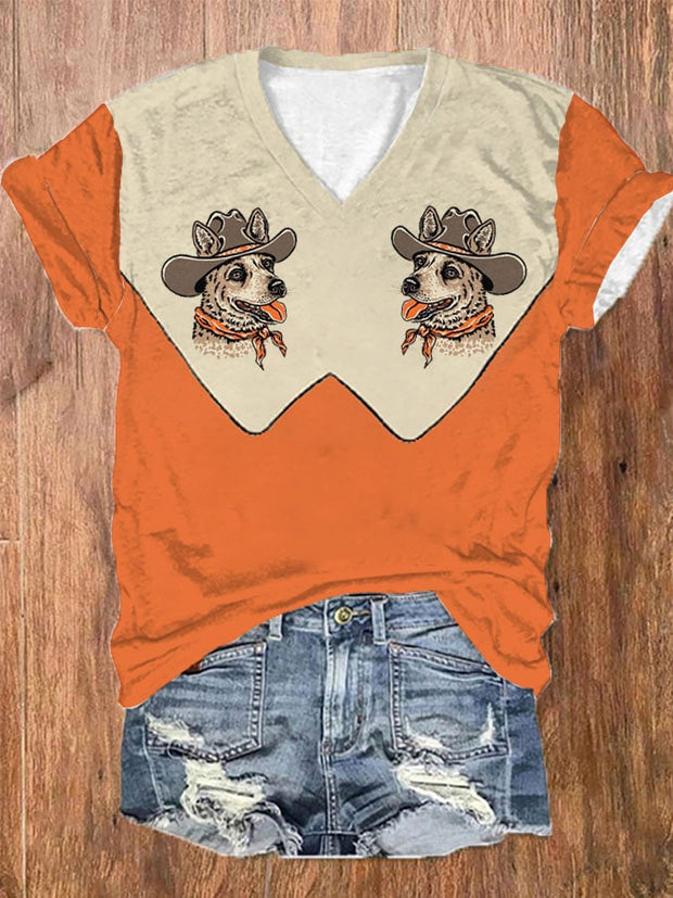 Women's Vintage Western Cowdog Print V-Neck T-Shirt